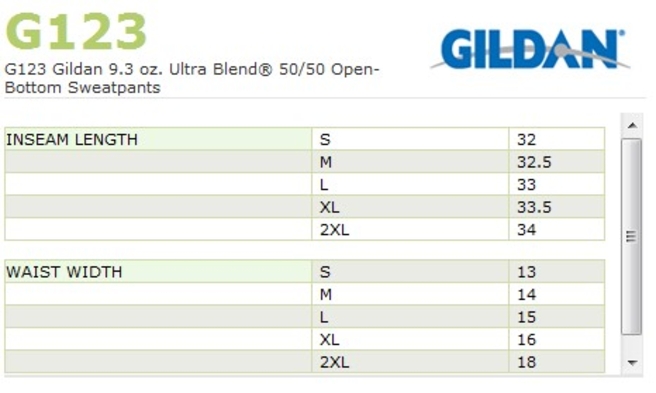 Size chart for a 12300 Gildan 50/50 Blend Open-Bottom Sweatpants