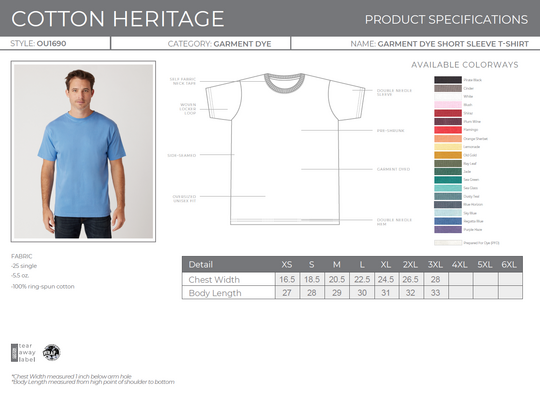 Size chart for a OU1690 Cotton Heritage Garment Dye Short Sleeve