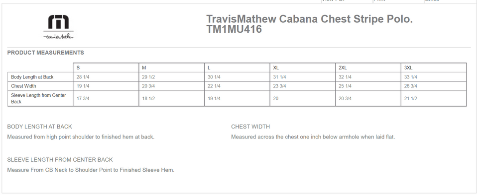 Size chart for a TM1MU416 TravisMathew Cabana Chest Stripe Polo