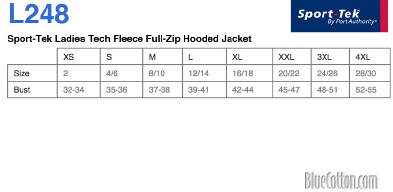Size chart for a L248 Sport-Tek Ladies Tech Fleece Full-Zip Hooded Jacket