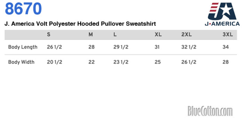Size chart for a 8670 J. America Volt Polyester Hooded Pullover Sweatshirt