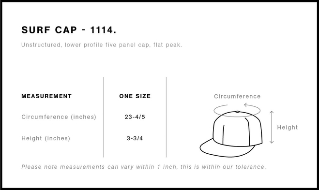 Size chart for a 1114 AS Colour Surf Cap