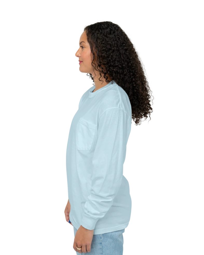 Image of a model wearing a CC4410 Comfort Colors Long Sleeve Pocket T-shirt
