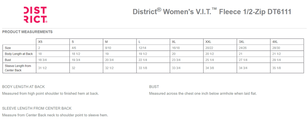 Size chart for a DT6111 District® Women’s V.I.T.™ Fleece 1/2-Zip