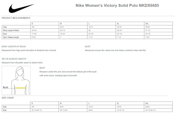 Size chart for a NKDX6685 Nike Women's Victory Solid Polo