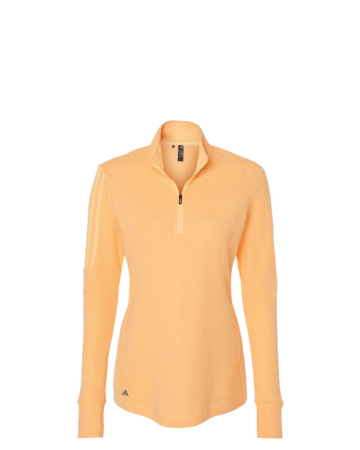 Model wearing a A555 Adidas Women's 3-Stripes Quarter-Zip Sweater