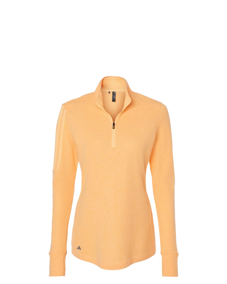 Image of a model wearing a A555 Adidas Women's 3-Stripes Quarter-Zip Sweater