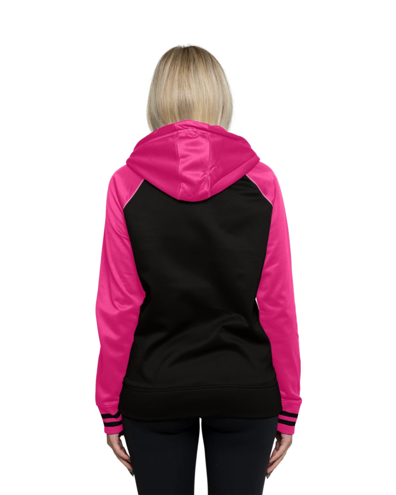 Image of a model wearing a LST236 Sport-Tek Ladies Sport-Wick Varsity Fleece Full-Zip Hooded Jacket