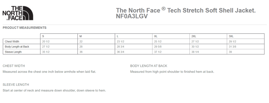 Size chart for a NF0A3LGV The North Face Tech Stretch Soft Shell Jacket