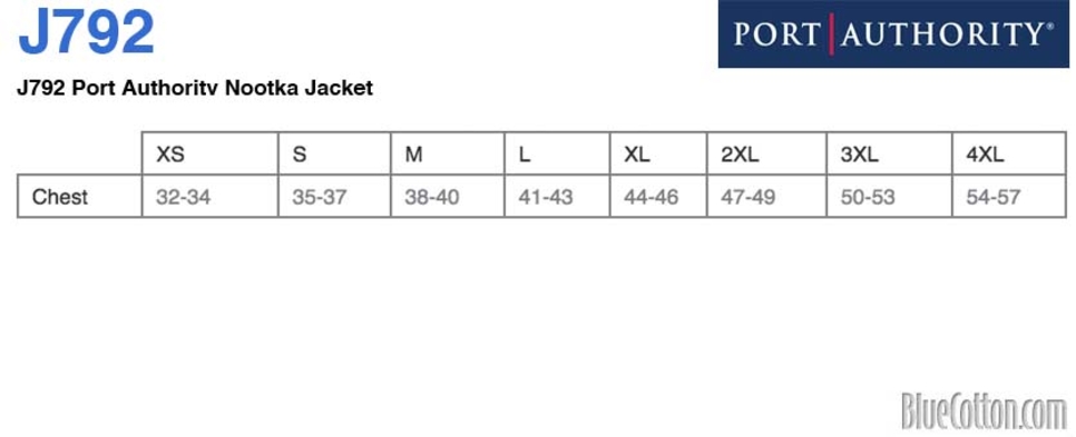 Size chart for a J792 Port Authority Nootka Jacket