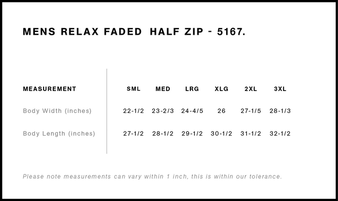 Size chart for a 5167 AS Colour Relax Faded Half Zip