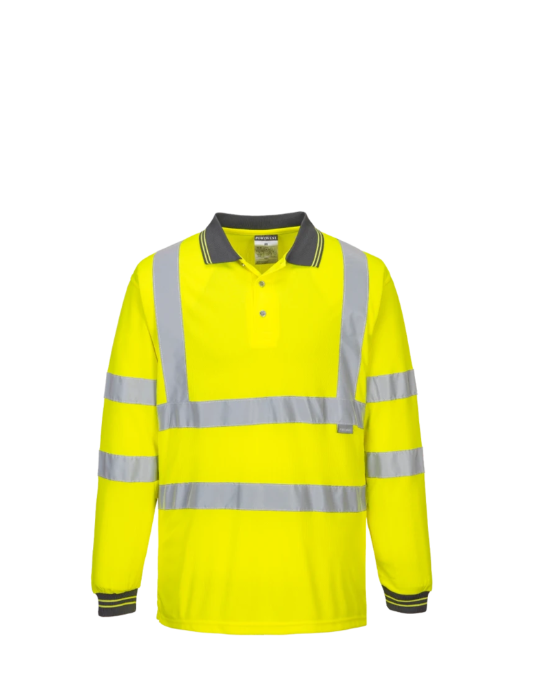Image of a model wearing a S277 Portwest Hi-Vis Long Sleeve Polo Shirt