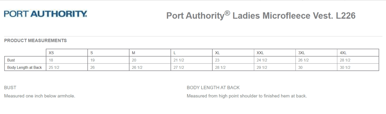 Size chart for a L226 Port Authority Ladies Microfleece Vest
