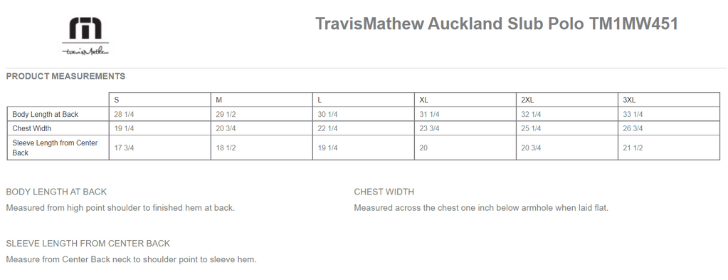 Size chart for a TM1MW451 TravisMathew Auckland Slub Polo