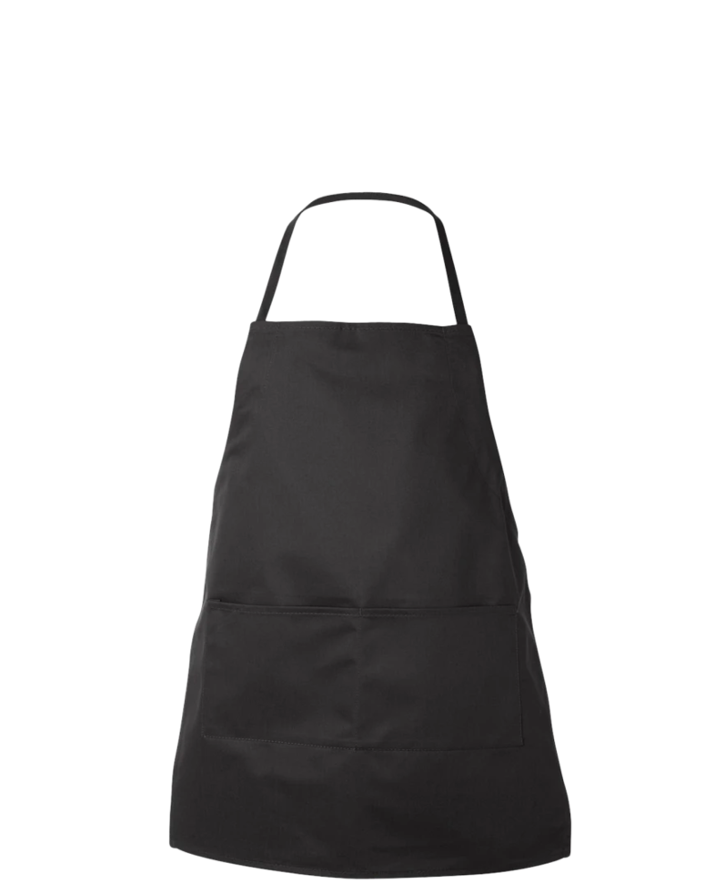 Image of a model wearing a 5502 Liberty Bags Adjustable Neck Loop Full-Length Apron with Pockets