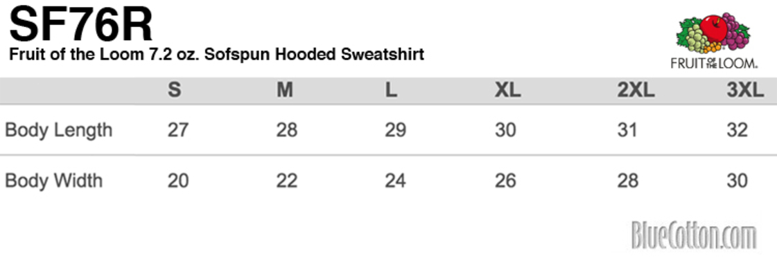 Size chart for a SF76R Fruit of the Loom 7.2 oz. Sofspun Hooded Sweatshirt