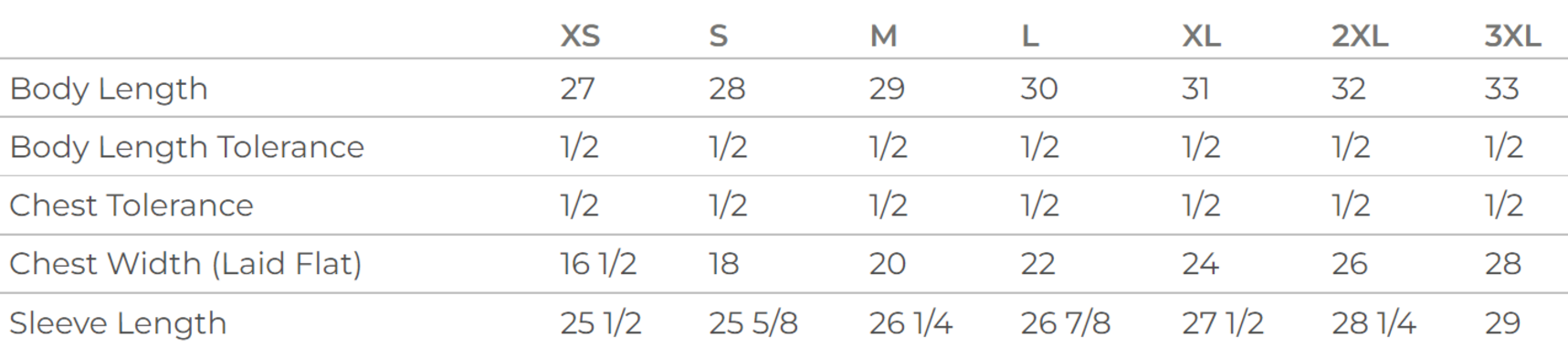 Size chart for a 3513 Bella + Canvas Unisex Triblend Long Sleeve Tee