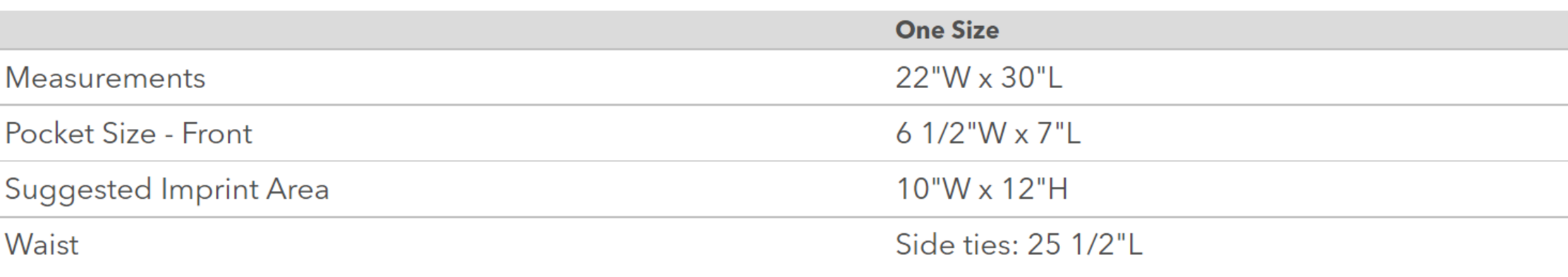 Size chart for a Q4350 Q-Tees Full-Length Apron with Pockets