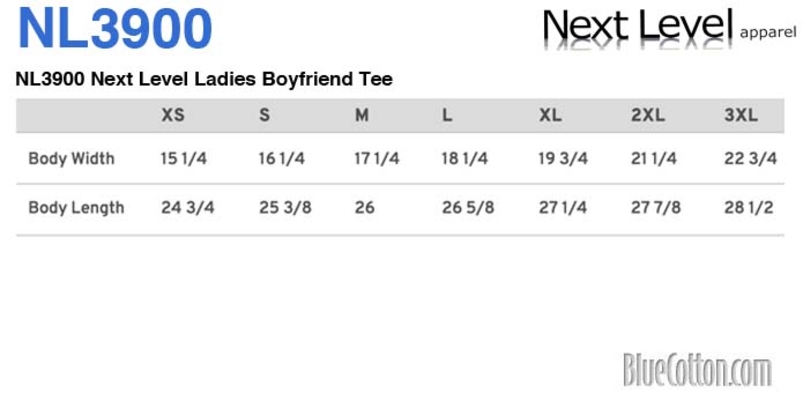 Size chart for a NL3900 Next Level Ladies Boyfriend Tee