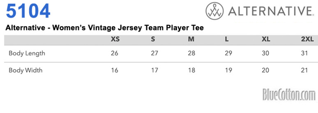 Size chart for a 5104 Alternative Women’s Vintage Jersey Team Player Tee Overstock