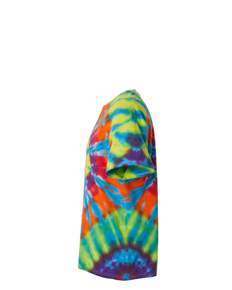 Image of a model wearing a 200TD Tie-Dyed Rainbow Cut-Spiral Tee