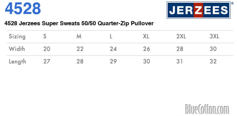 Size chart for a 4528 Jerzees Super Sweats 50/50 Quarter-Zip Pullover