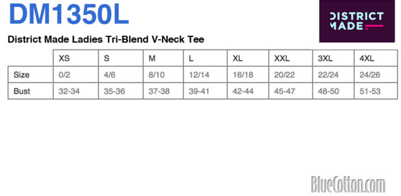 Size chart for a DM1350L District Women's Perfect Tri-Blend V-Neck Tee