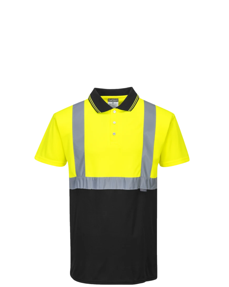 Image of a model wearing a S479 Portwest Hi-Vis Two-Tone Polo Shirt