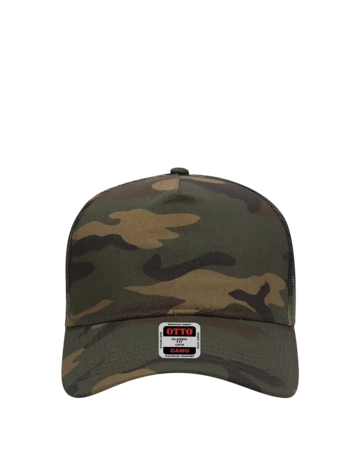 Model wearing a 47-049 OTTO CAP Camouflage 5 Panel Mid Profile Mesh Back Trucker Hat