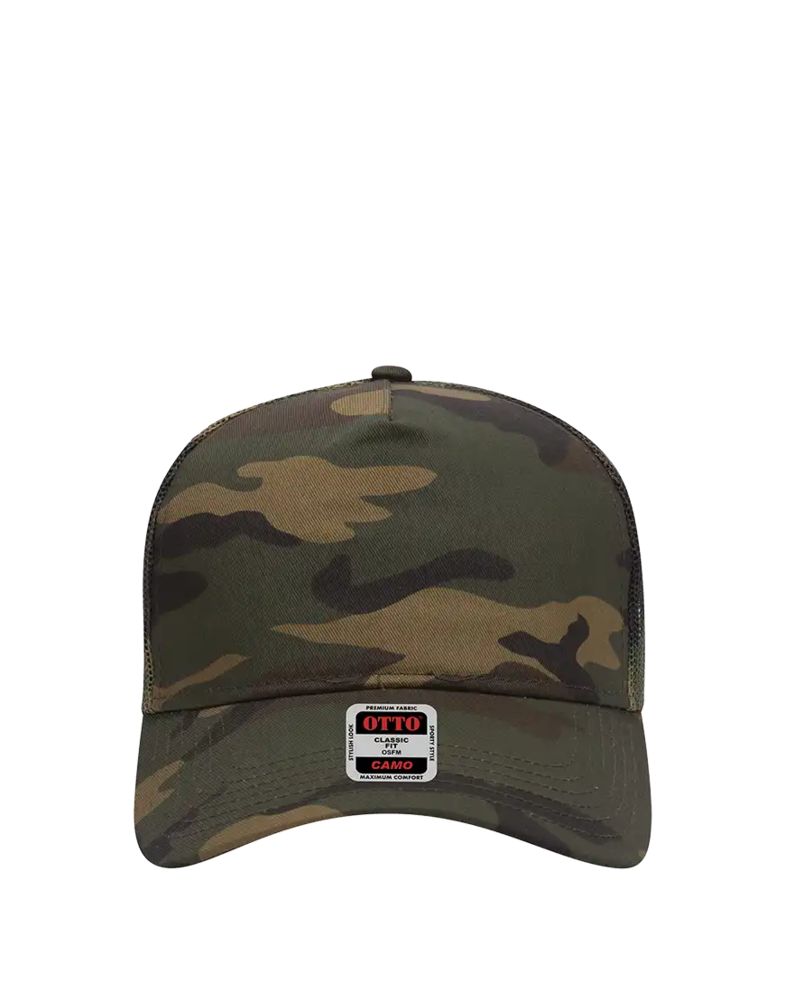 Image of a model wearing a 47-049 OTTO CAP Camouflage 5 Panel Mid Profile Mesh Back Trucker Hat