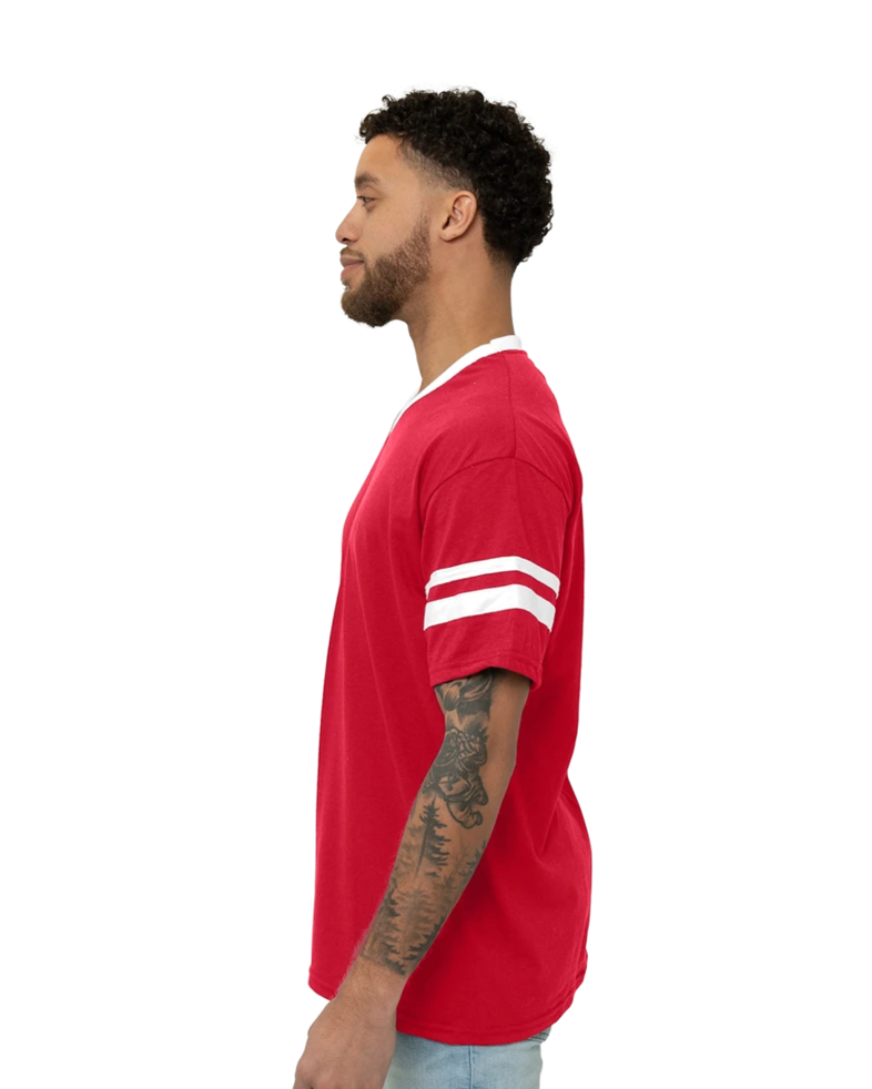 Image of a model wearing a 360 Augusta Double Sleeve Stripe Jersey