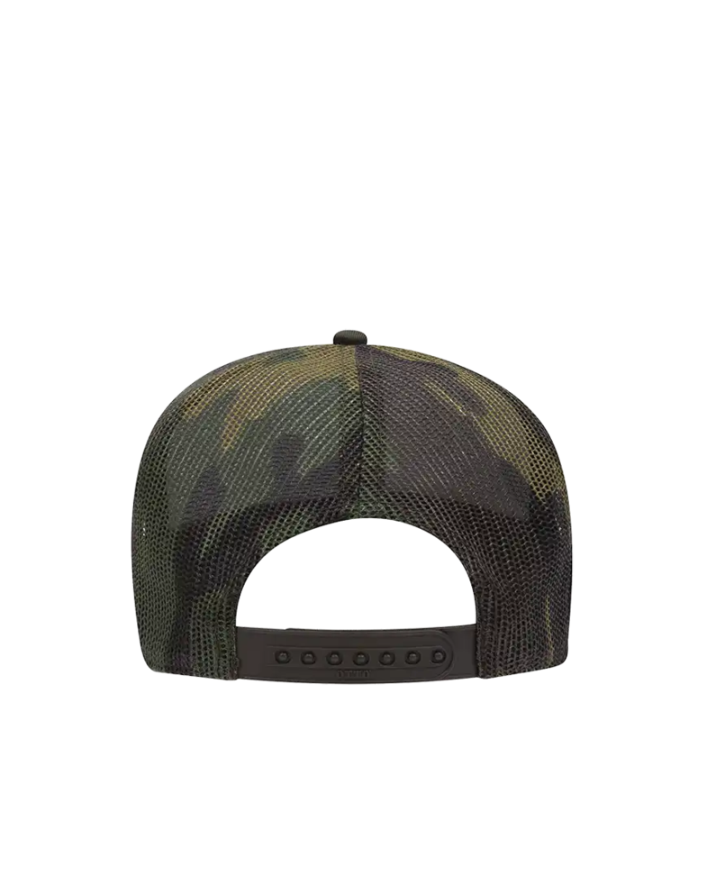 Image of a model wearing a 47-049 OTTO CAP Camouflage 5 Panel Mid Profile Mesh Back Trucker Hat