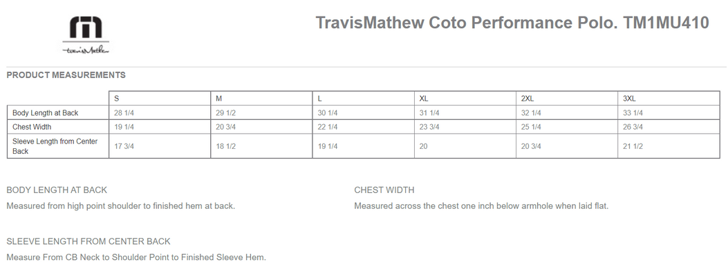 Size chart for a TM1MU410 TravisMathew Coto Performance Polo