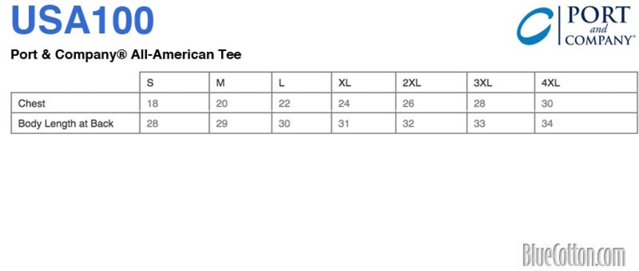 Size chart for a USA100P Port & Company All-American Tee with Pocket