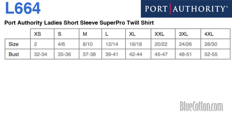 Size chart for a L664 Port Authority Ladies Short Sleeve SuperPro Twill Shirt