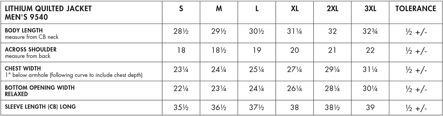 Size chart for a 9540 Charles River Men's Lithium Quilted Jacket