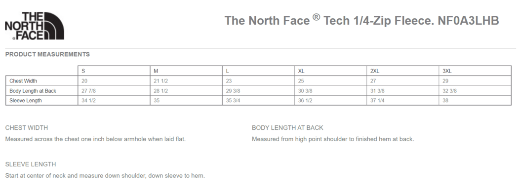 Size chart for a NF0A3LHB The North Face Tech 1/4-Zip Fleece