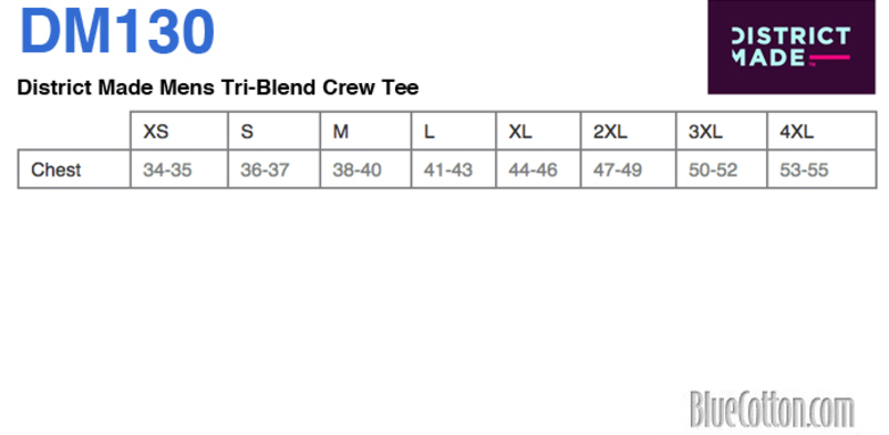 Size chart for a DM130 District Unisex Perfect Tri-Blend Crew Tee