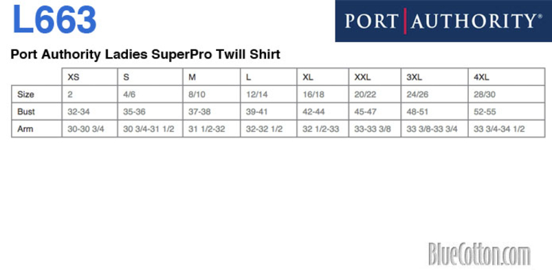 Size chart for a L663 Port Authority Ladies SuperPro Twill Shirt