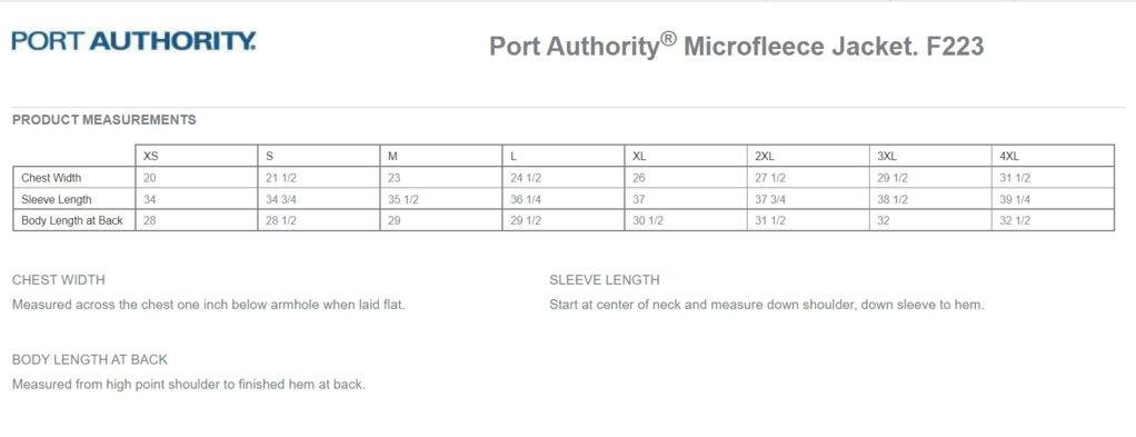 Size chart for a F223 Port Authority Microfleece Jacket