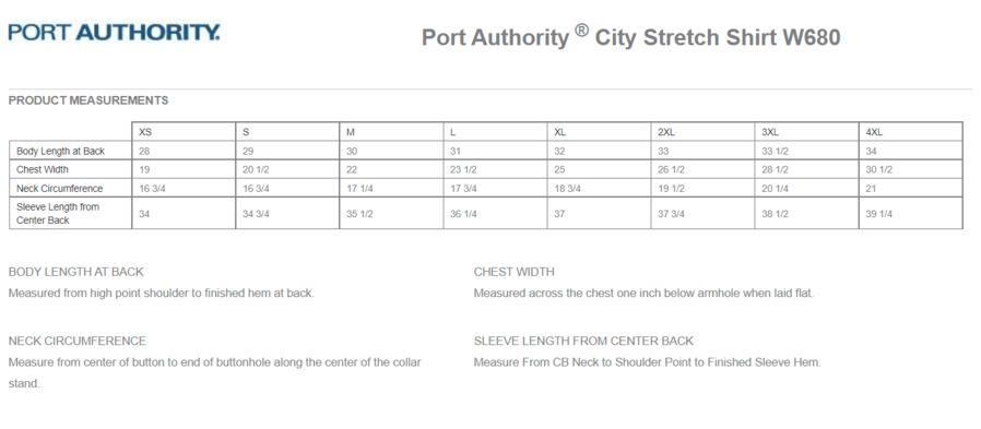 Size chart for a W680 Port Authority City Stretch Shirt