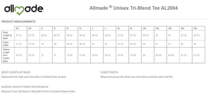 Size chart for a AL2004 Allmade® Unisex Tri-Blend Tee