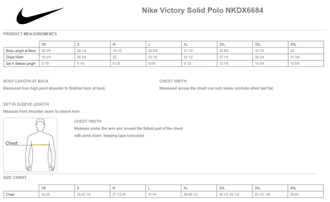 Size chart for a NKDX6684 Nike Victory Solid Polo