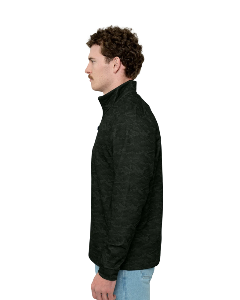 Image of a model wearing a MCK01081 Cutter & Buck Traverse Camo Print Stretch Quarter Zip Men's Pullover