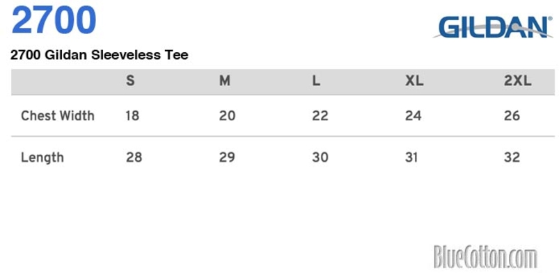 Size chart for a 2700 Gildan Sleeveless Tee