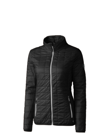 Model wearing a LCO00007 Cutter & Buck Rainier PrimaLoft® Womens Eco Insulated Full Zip Puffer Jacket