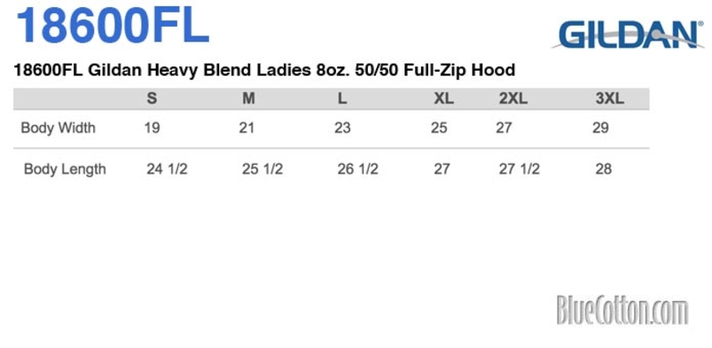 Size chart for a 18600FL Gildan Heavy Blend Ladies 8oz. 50/50 Full-Zip Hood