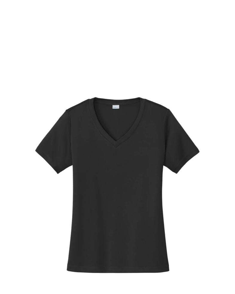 Image of a model wearing a LST353 Sport-Tek Ladies Vneck short sleeve PosiCharge Competitor