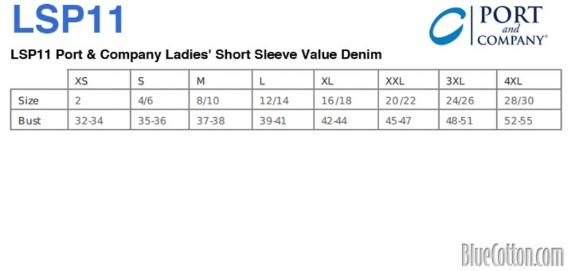 Size chart for a LSP11 Port & Company Ladies Short Sleeve Value Denim