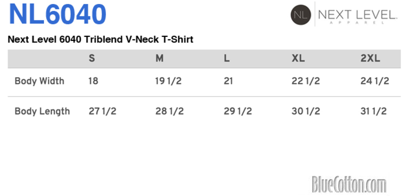 Size chart for a Next Level 6040 Triblend V-Neck T-Shirt